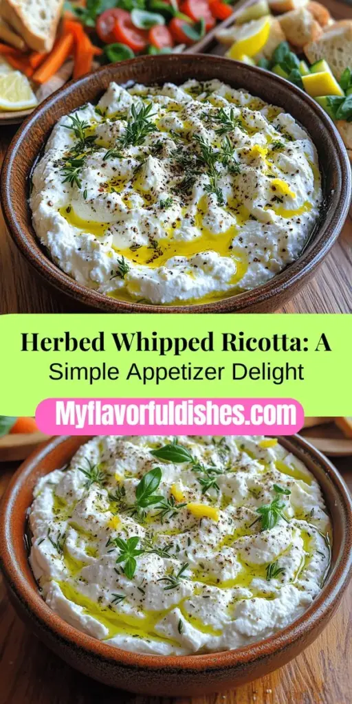 Discover the Whipped Ricotta Delight with Herbed Infusion, a simple yet elegant appetizer perfect for any gathering. Featuring creamy fresh ricotta whipped with fragrant herbs, lemon zest, and a drizzle of olive oil, this dish is versatile enough for crusty bread, fresh veggies, or salads. With its balance of flavors and textures, it's sure to impress your guests while being easy to prepare. Explore this delightful culinary creation for your next event.