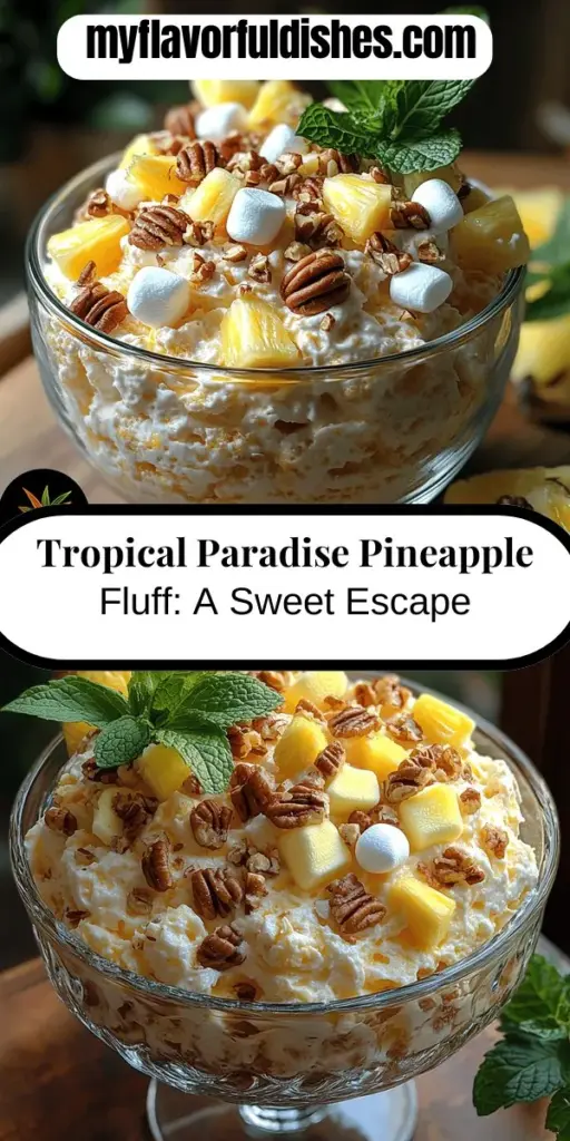 Transport your guests to a sunny paradise with the Tropical Paradise Pineapple Fluff! This simple yet indulgent dessert features sweet crushed pineapple, fluffy whipped cream, and a delightful mix of mini marshmallows and nuts. Perfect for potlucks or family dinners, it’s quick to prepare and will have everyone coming back for seconds. With vibrant flavors and a creamy texture, this treat captures the essence of summer in every bite!