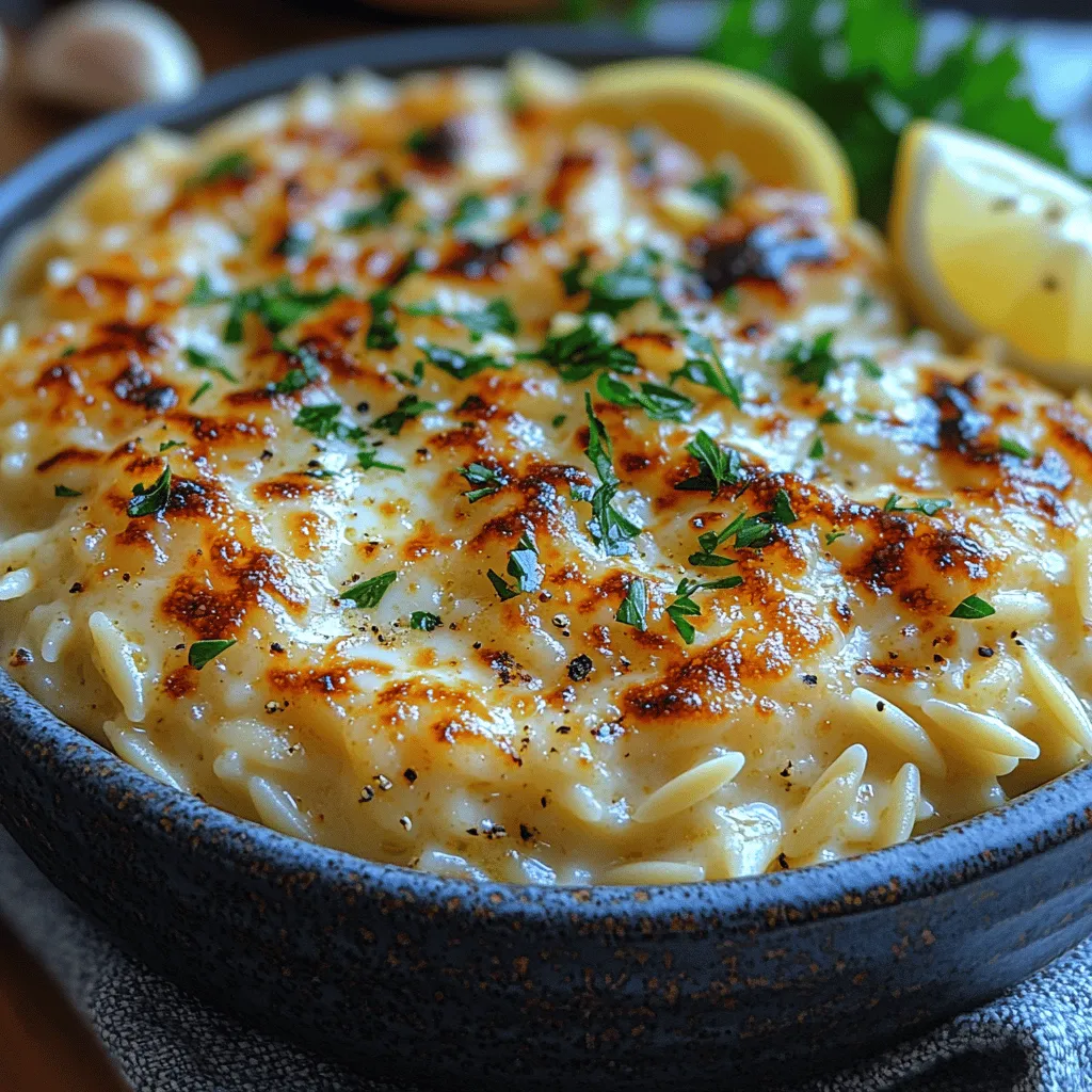 Creamy Garlic Parmesan Orzo is a delightful dish that marries the richness of creamy sauce with the comforting texture of orzo pasta. This versatile recipe is perfect for both busy weeknight dinners and special occasions, serving well as both a main course or an elegant side dish. With its simple ingredients and straightforward preparation, you can easily create a flavorful meal that is sure to impress family and friends alike.